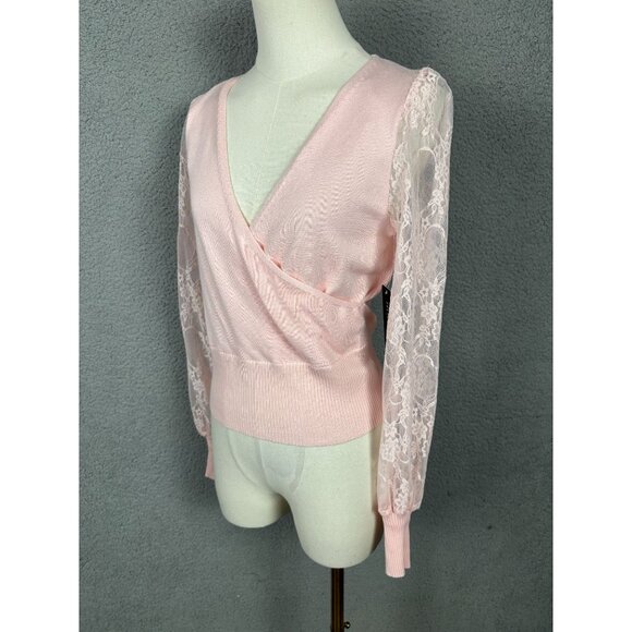 Madden Girl Juniors' Surplice-Neck Lace-Sleeve Sweater Extra Small Pink NWT's - Picture 3 of 8